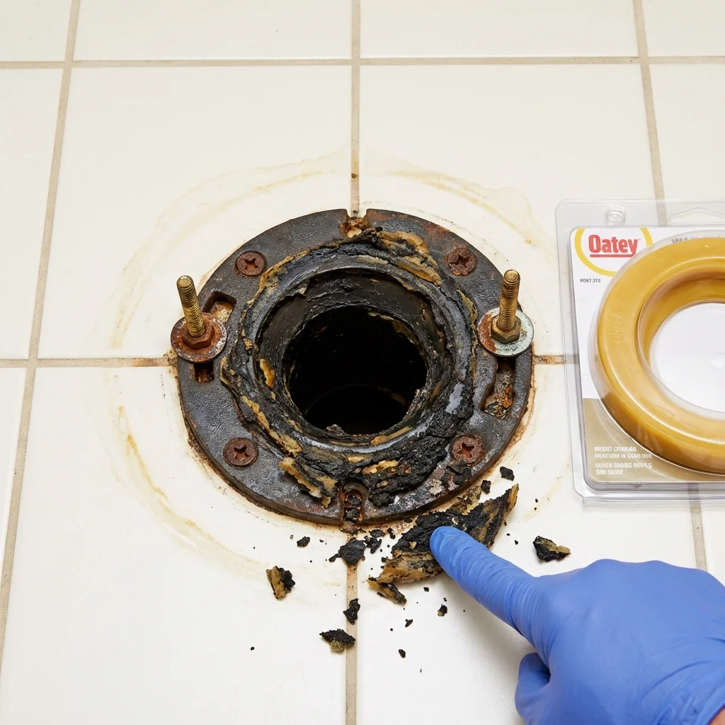 Failed wax ring showing water seepage at the base of a toilet in a Pottsville, AR home