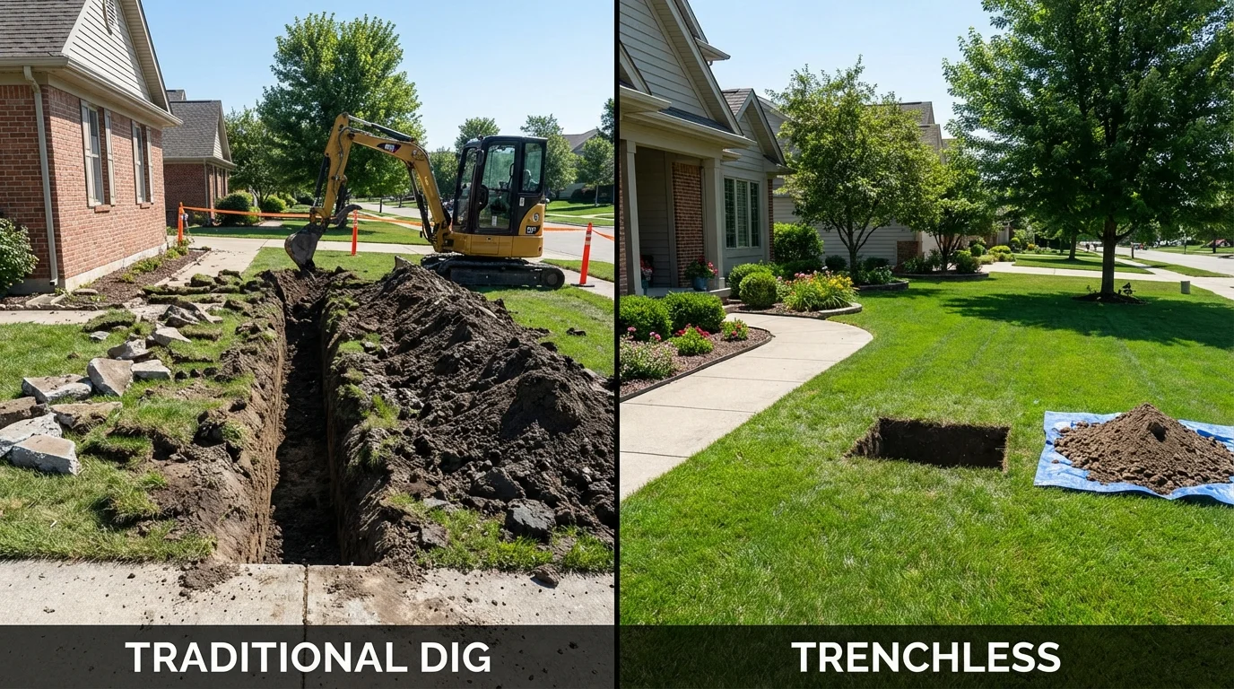 Trenchless sewer repair with minimal yard damage versus traditional excavation in Pottsville, AR