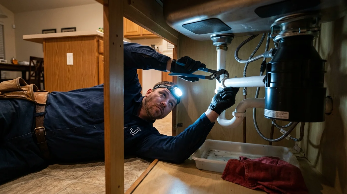 P-trap and supply line connections under a kitchen sink showing a common leak point in Pottsville, AR